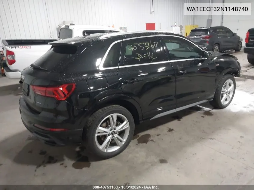 2022 Audi Q3 Premium Plus 45 Tfsi S Line Quattro Tiptronic VIN: WA1EECF32N1148740 Lot: 40753160