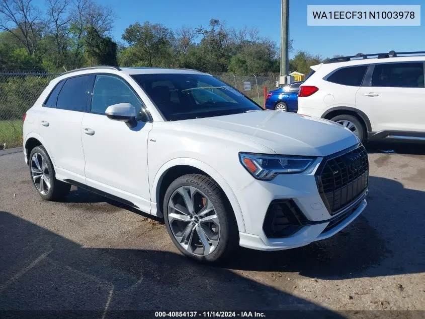 2022 Audi Q3 Premium Plus 45 Tfsi S Line Quattro Tiptronic VIN: WA1EECF31N1003978 Lot: 40854137