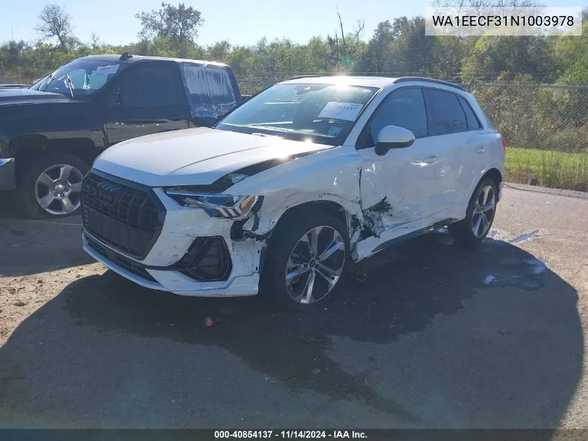 2022 Audi Q3 Premium Plus 45 Tfsi S Line Quattro Tiptronic VIN: WA1EECF31N1003978 Lot: 40854137