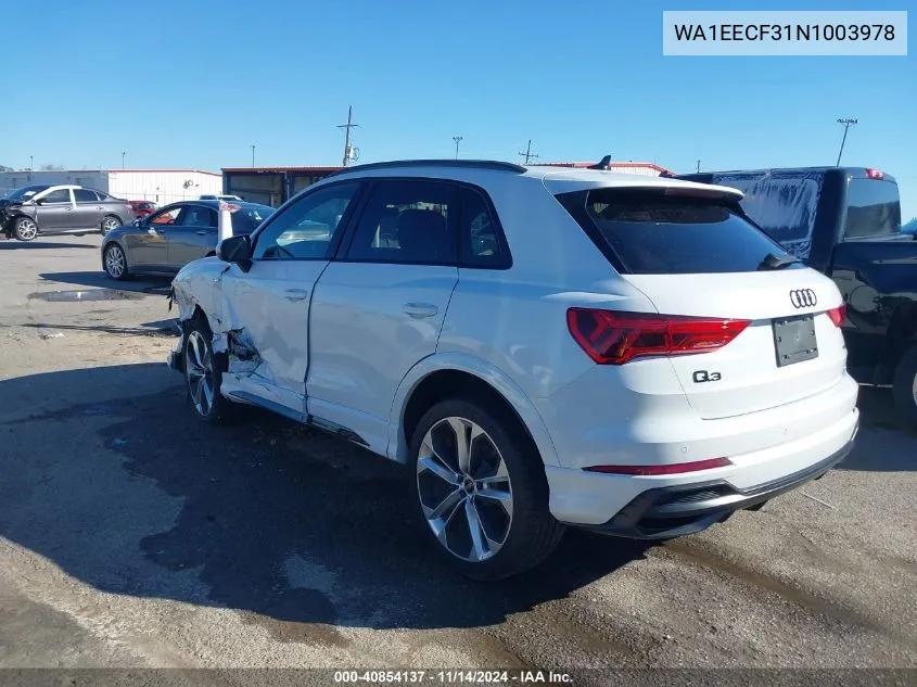 2022 Audi Q3 Premium Plus 45 Tfsi S Line Quattro Tiptronic VIN: WA1EECF31N1003978 Lot: 40854137