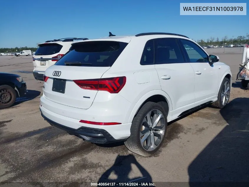 2022 Audi Q3 Premium Plus 45 Tfsi S Line Quattro Tiptronic VIN: WA1EECF31N1003978 Lot: 40854137