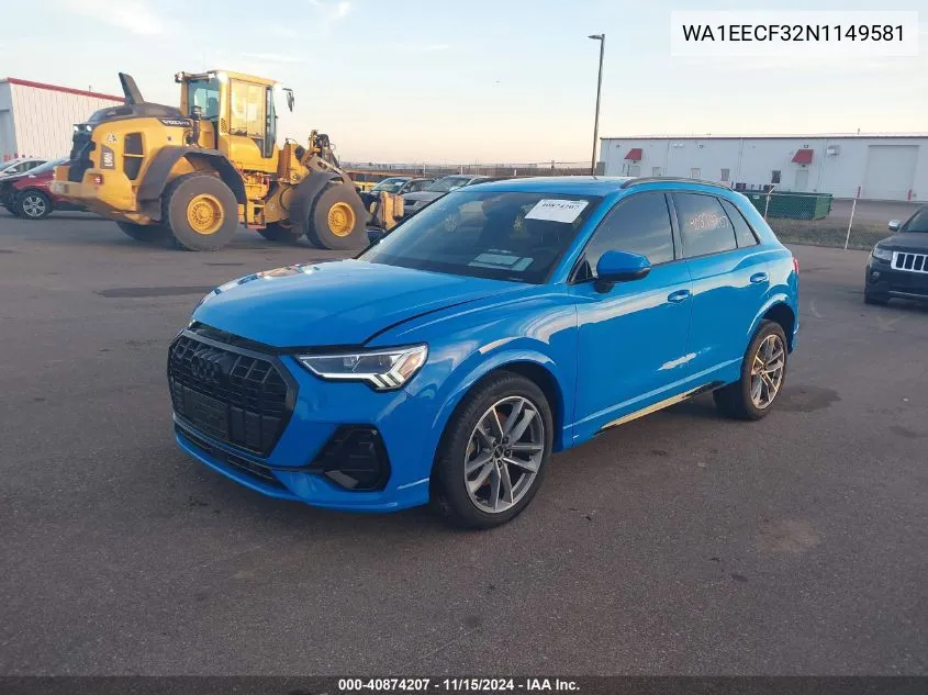 2022 Audi Q3 Premium Plus 45 Tfsi S Line Quattro Tiptronic VIN: WA1EECF32N1149581 Lot: 40874207