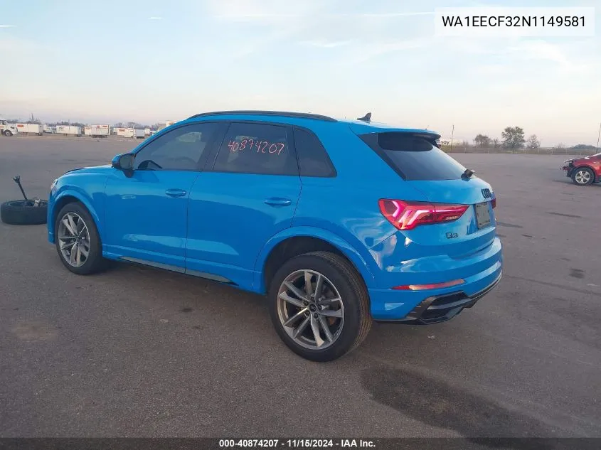 2022 Audi Q3 Premium Plus 45 Tfsi S Line Quattro Tiptronic VIN: WA1EECF32N1149581 Lot: 40874207