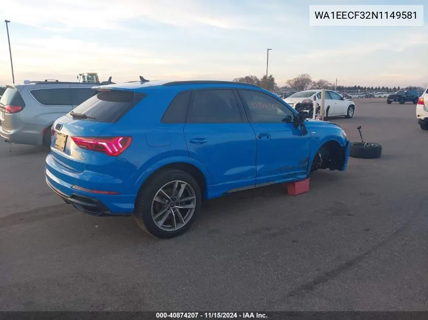 2022 Audi Q3 Premium Plus 45 Tfsi S Line Quattro Tiptronic VIN: WA1EECF32N1149581 Lot: 40874207