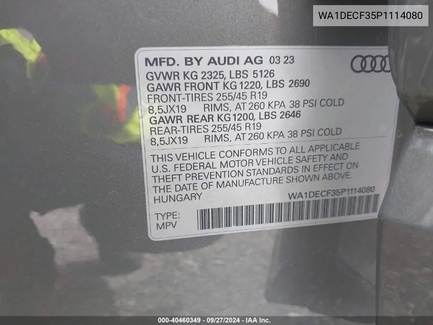 2023 Audi Q3 Premium 45 Tfsi S Line Quattro Tiptronic VIN: WA1DECF35P1114080 Lot: 40460349