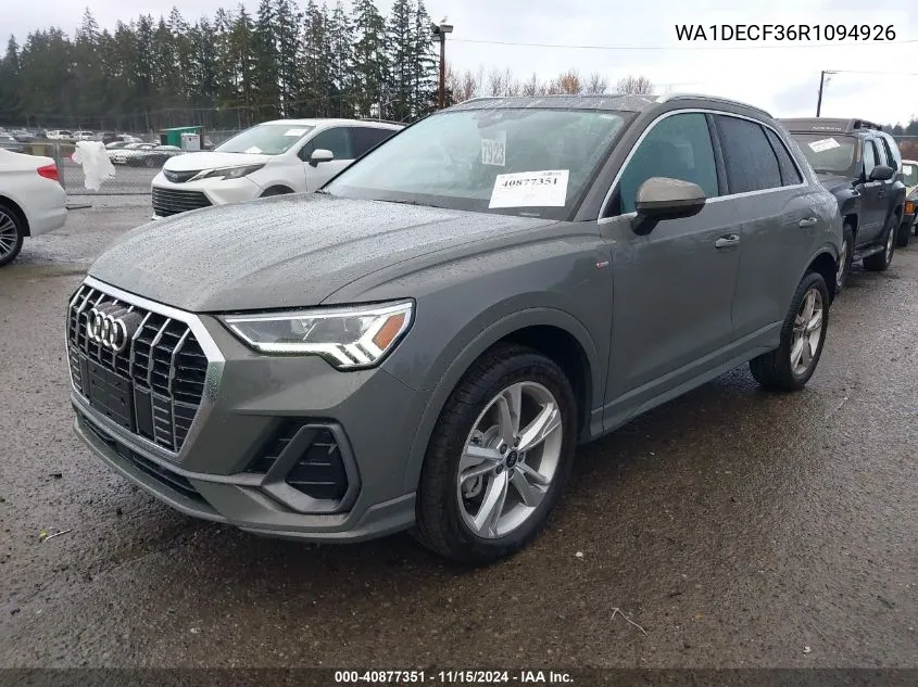 2024 Audi Q3 Premium 45 Tfsi S Line Quattro Tiptronic VIN: WA1DECF36R1094926 Lot: 40877351