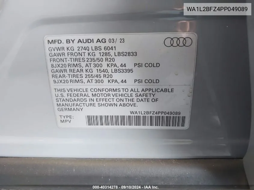 2023 Audi Q4 E-Tron Premium Plus VIN: WA1L2BFZ4PP049089 Lot: 40314278