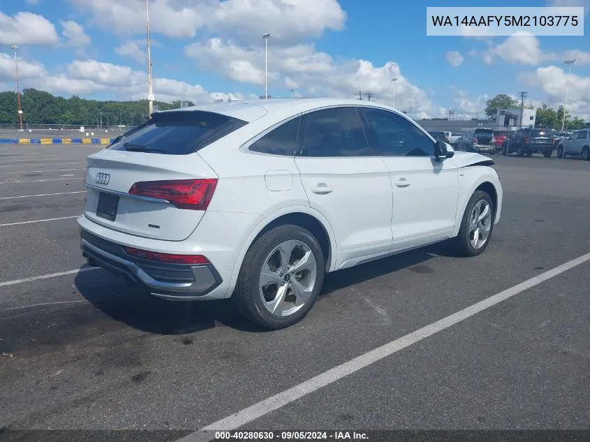 2021 Audi Q5 Sportback Premium 45 Tfsi Quattro S Tronic VIN: WA14AAFY5M2103775 Lot: 40280630