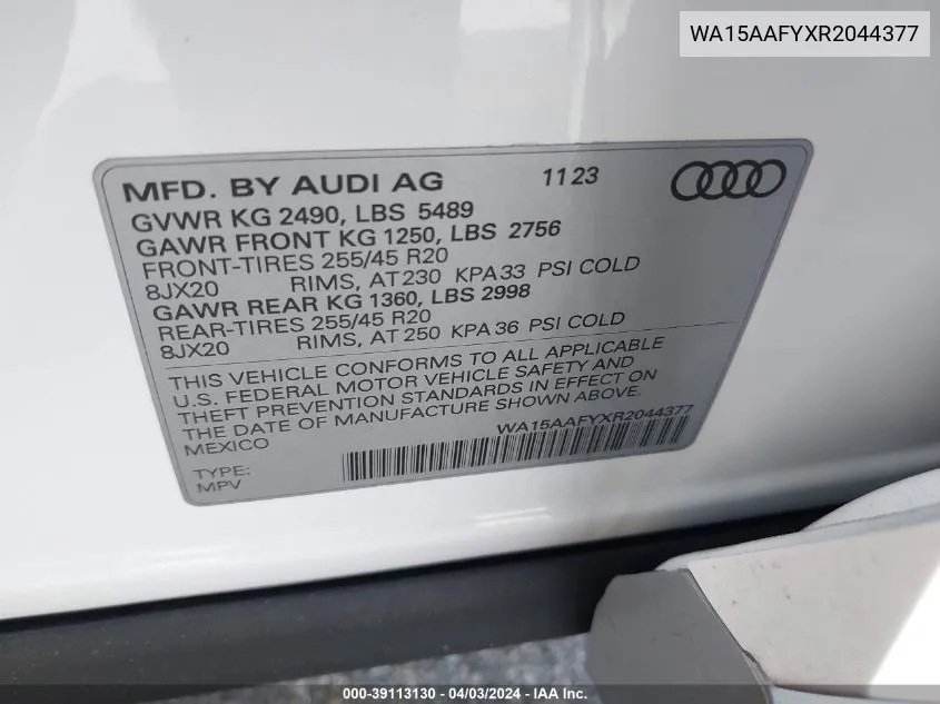 2024 Audi Q5 Sportback Premium Plus 45 Tfsi S Line Quattro S Tronic VIN: WA15AAFYXR2044377 Lot: 39113130