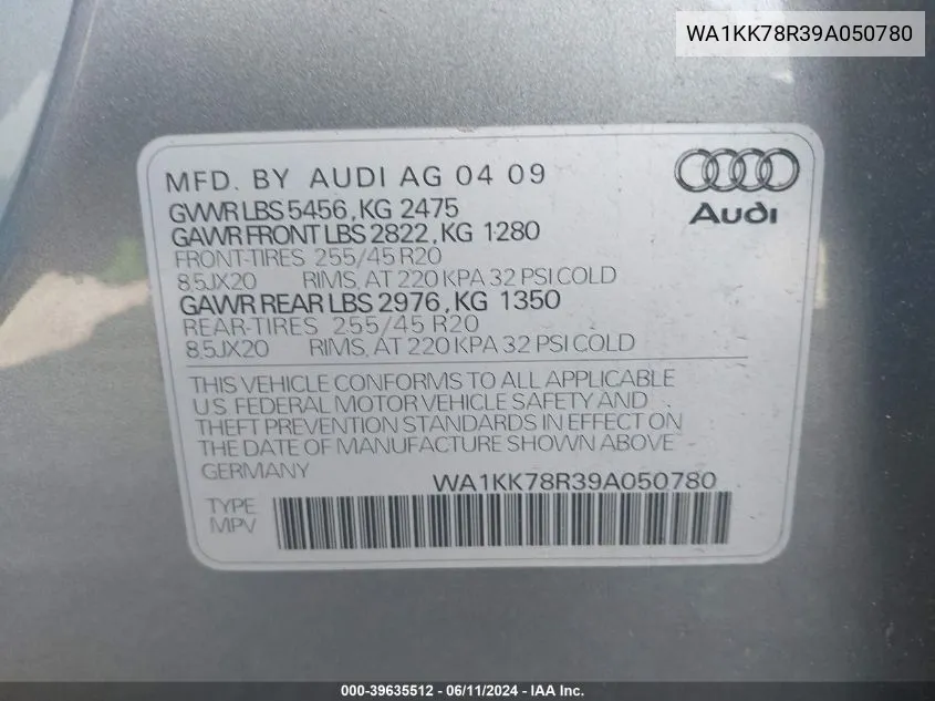 2009 Audi Q5 3.2 Premium VIN: WA1KK78R39A050780 Lot: 39635512