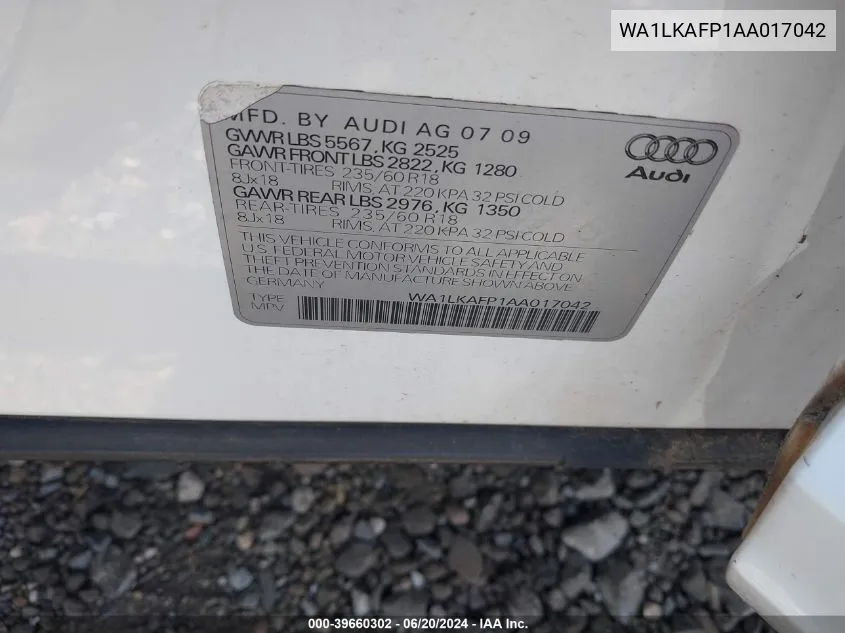 WA1LKAFP1AA017042 2010 Audi Q5 3.2 Premium