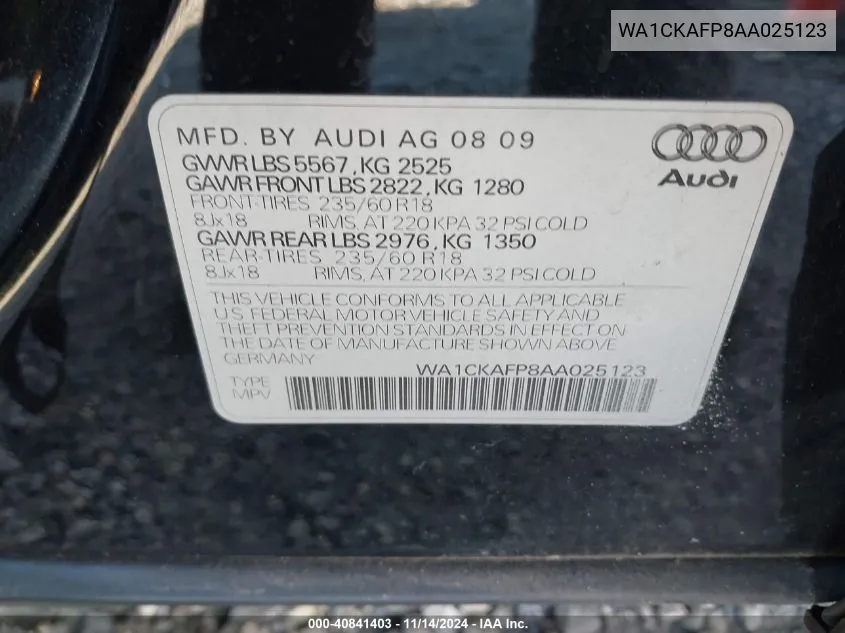 2010 Audi Q5 3.2 Premium VIN: WA1CKAFP8AA025123 Lot: 40841403