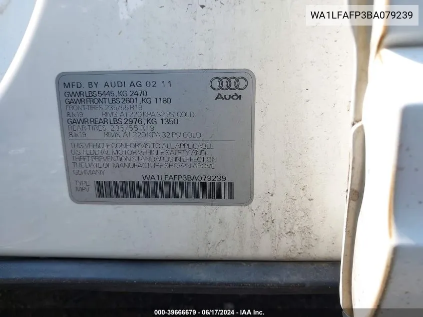 WA1LFAFP3BA079239 2011 Audi Q5 2.0T Premium