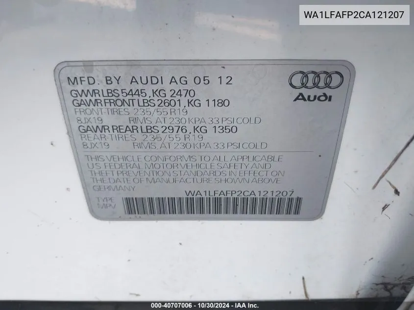 2012 Audi Q5 2.0T Premium VIN: WA1LFAFP2CA121207 Lot: 40707006