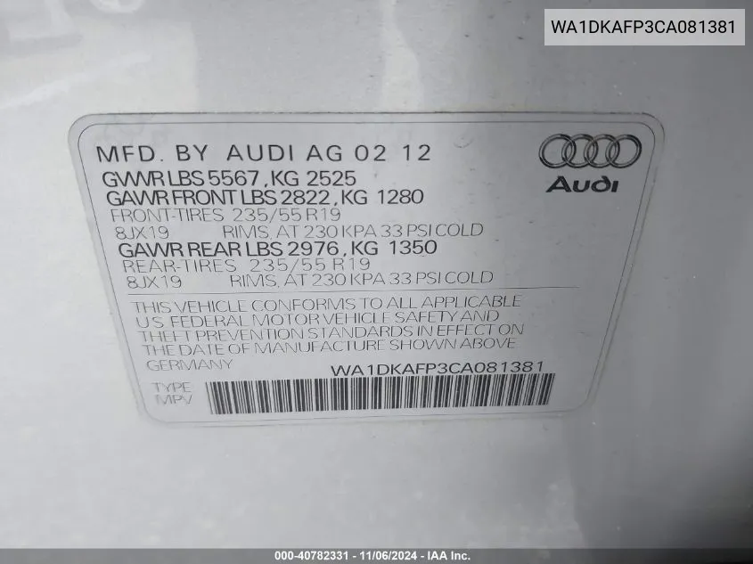 WA1DKAFP3CA081381 2012 Audi Q5 3.2 Premium Plus