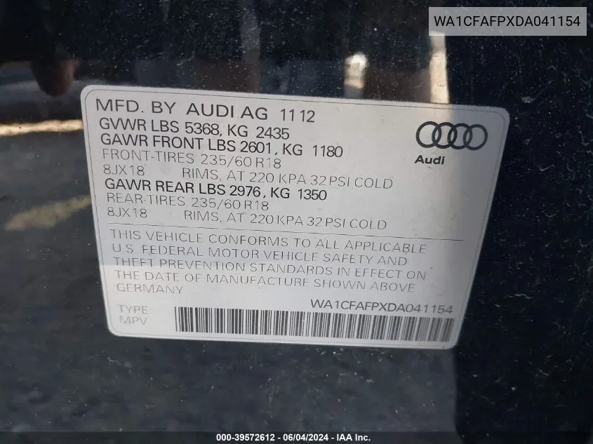 2013 Audi Q5 2.0T Premium VIN: WA1CFAFPXDA041154 Lot: 39572612