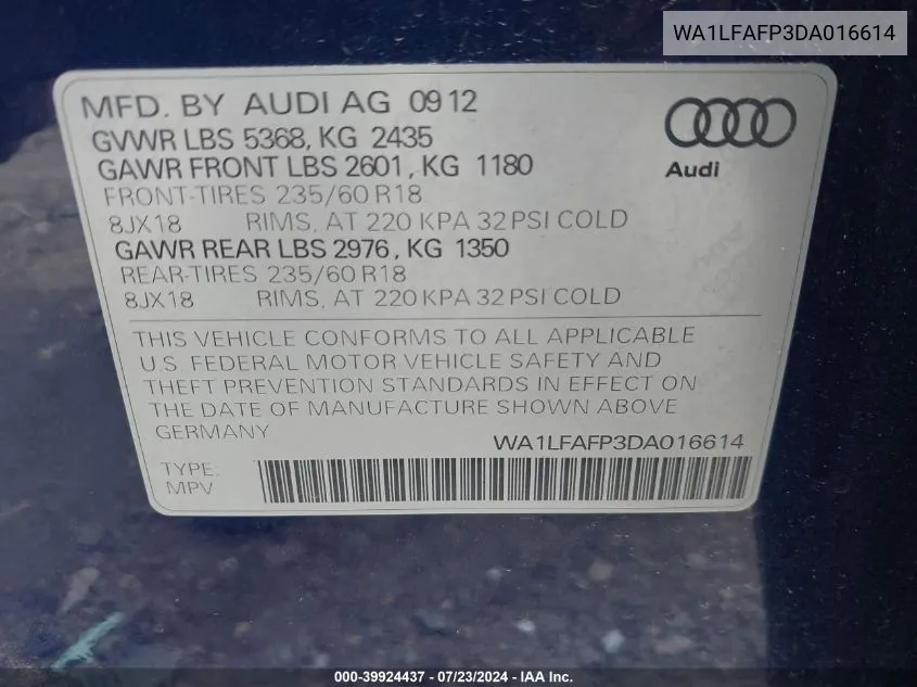 WA1LFAFP3DA016614 2013 Audi Q5 2.0T Premium