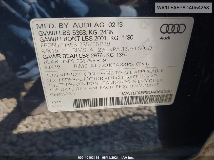 WA1LFAFP8DA064268 2013 Audi Q5 2.0T Premium