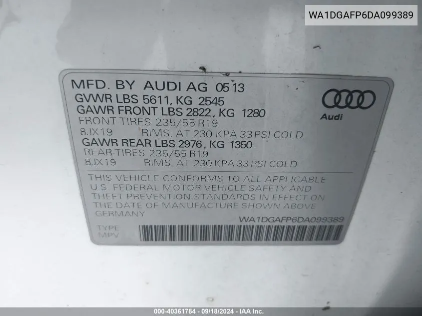 2013 Audi Q5 3.0T Premium Plus VIN: WA1DGAFP6DA099389 Lot: 40361784