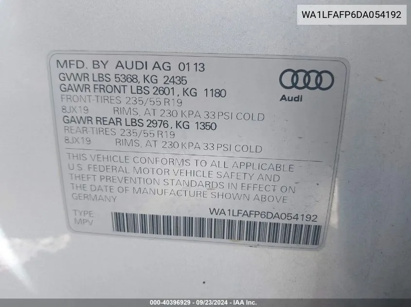 WA1LFAFP6DA054192 2013 Audi Q5 2.0T Premium