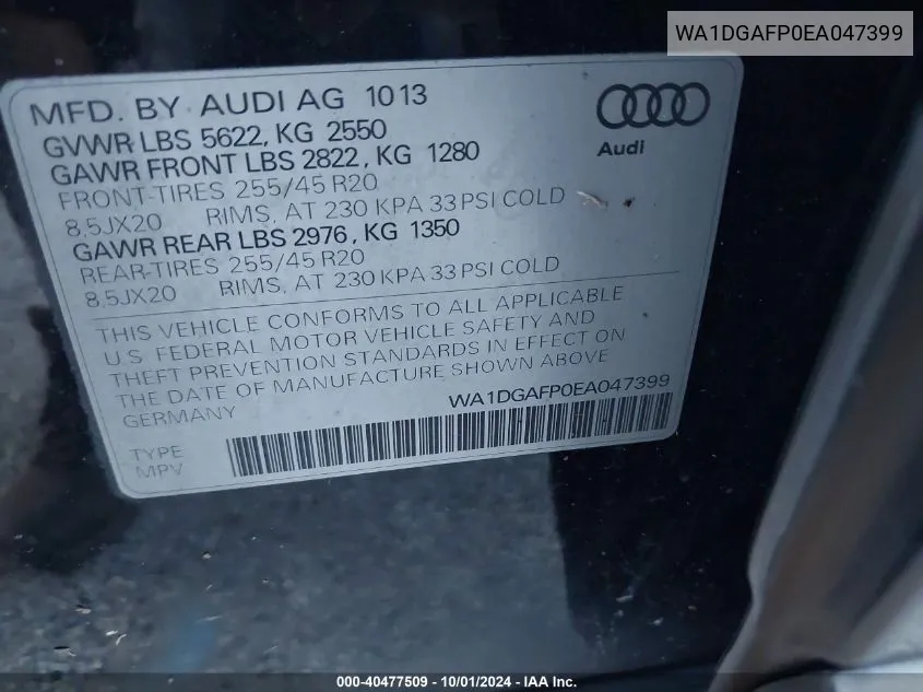 WA1DGAFP0EA047399 2014 Audi Q5 Premium Plus