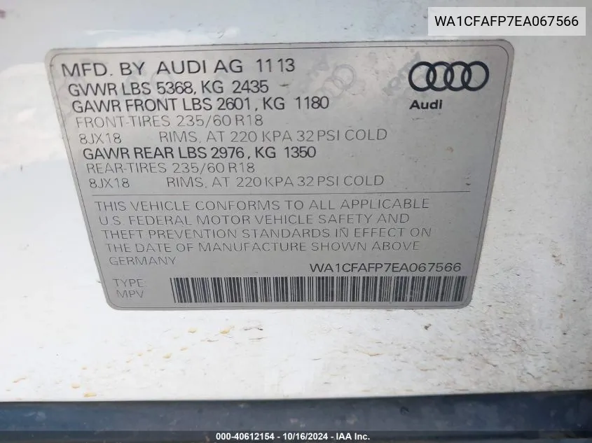 2014 Audi Q5 2.0T Premium VIN: WA1CFAFP7EA067566 Lot: 40612154