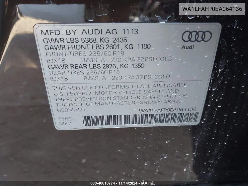 2014 Audi Q5 2.0T Premium VIN: WA1LFAFP0EA064136 Lot: 40810774