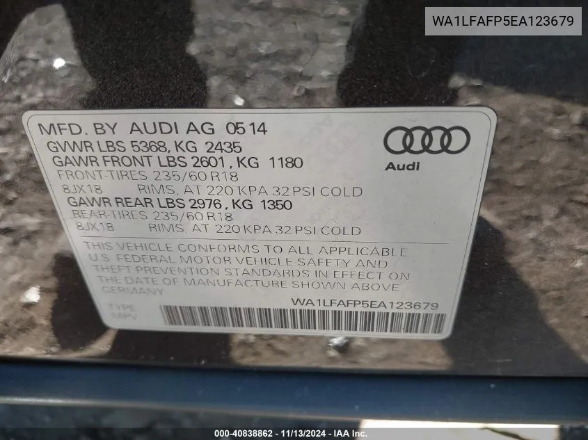 2014 Audi Q5 2.0T Premium VIN: WA1LFAFP5EA123679 Lot: 40838862