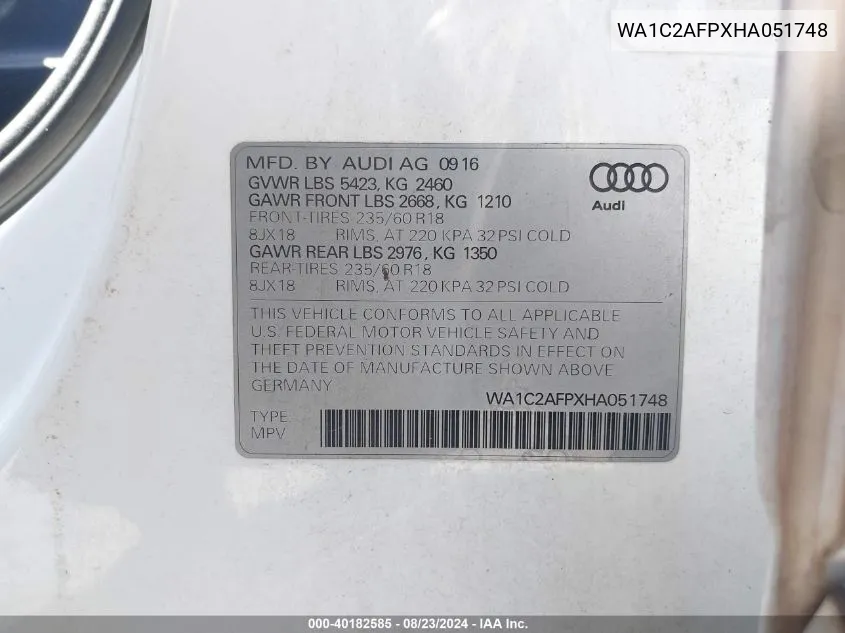 WA1C2AFPXHA051748 2017 Audi Q5 2.0T Premium