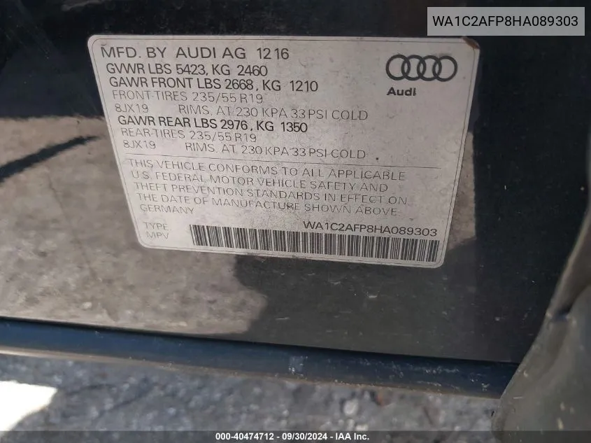 WA1C2AFP8HA089303 2017 Audi Q5 Premium