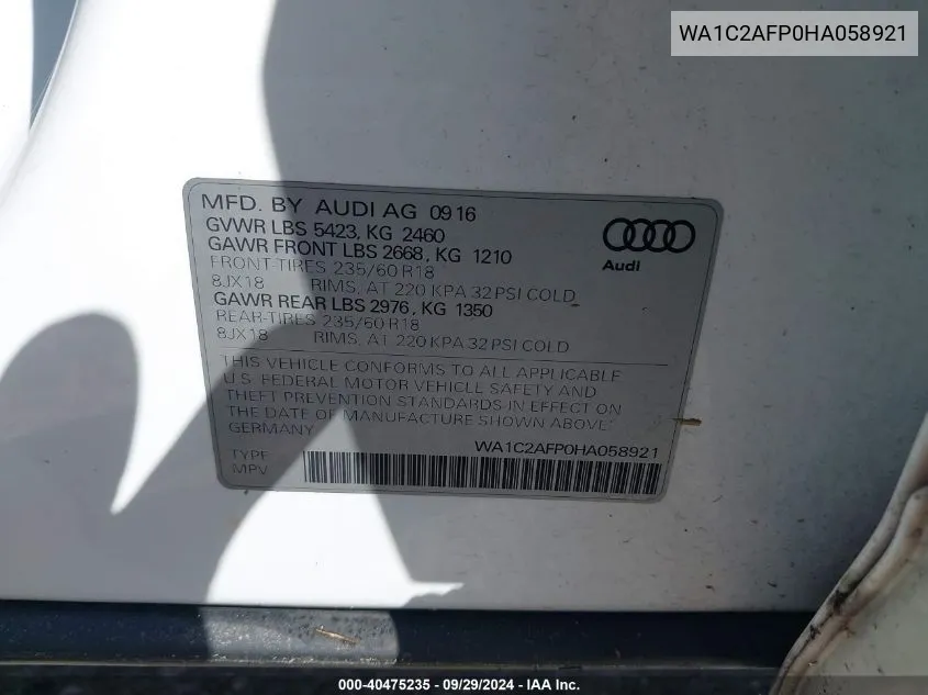 WA1C2AFP0HA058921 2017 Audi Q5 Premium