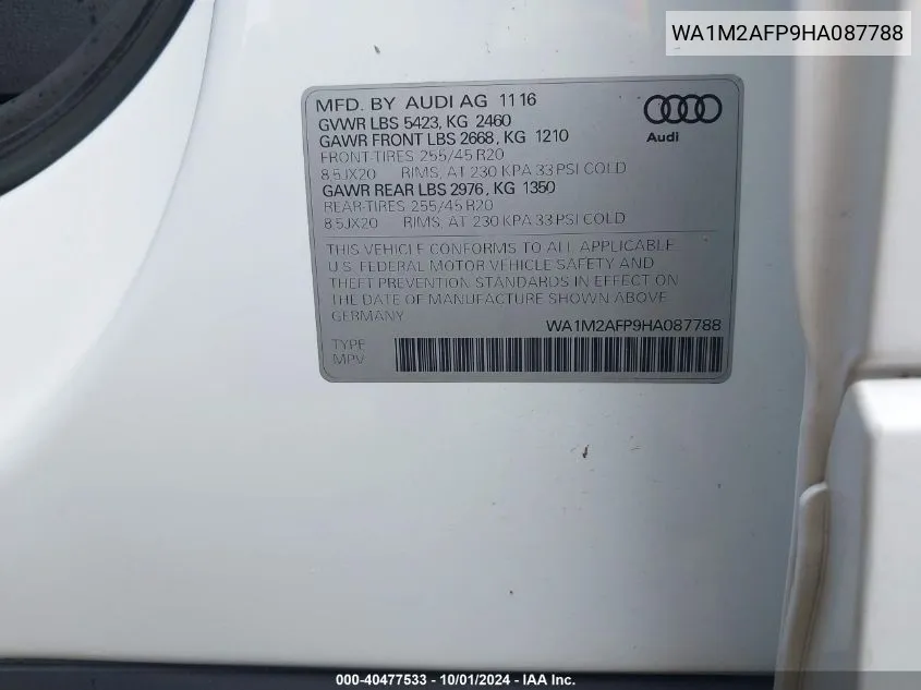 WA1M2AFP9HA087788 2017 Audi Q5 Premium Plus