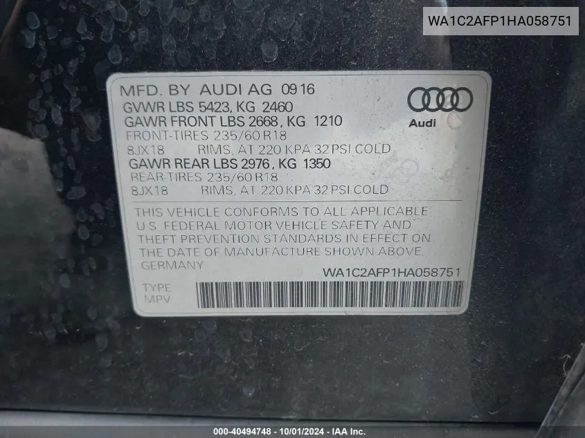 WA1C2AFP1HA058751 2017 Audi Q5 2.0T Premium