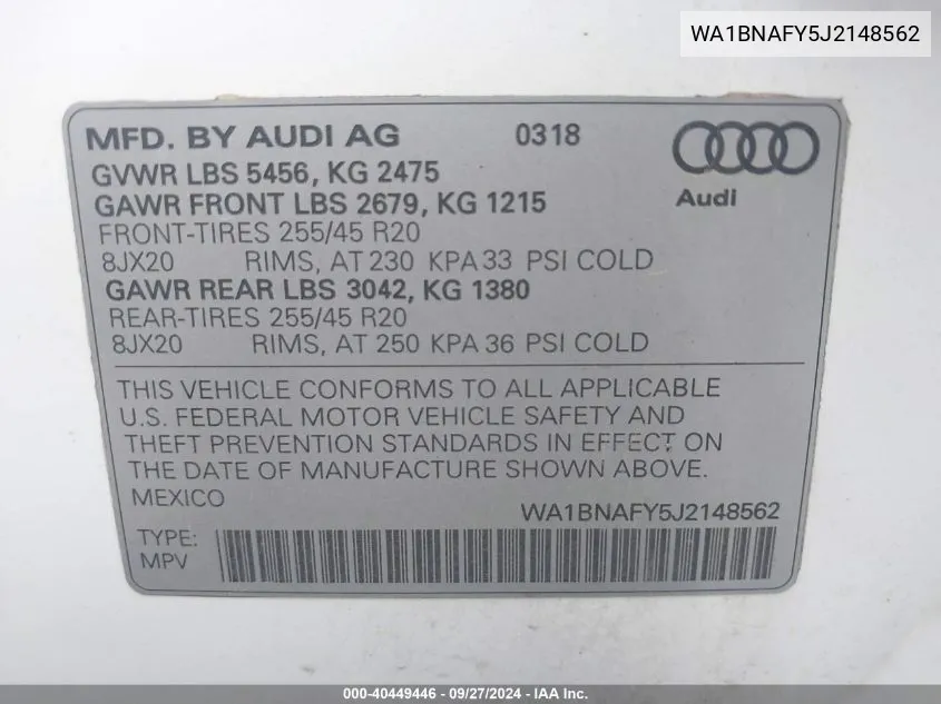 WA1BNAFY5J2148562 2018 Audi Q5 2.0T Premium/2.0T Tech Premium