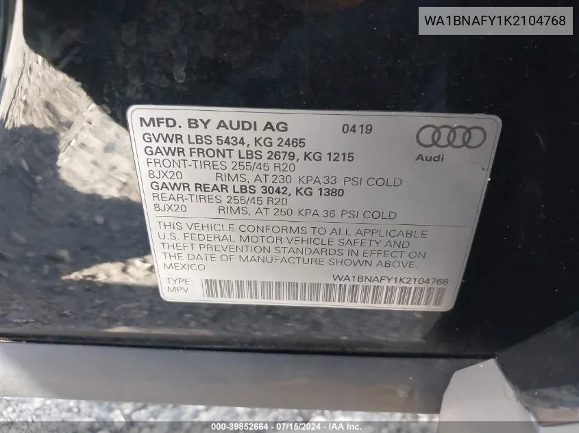 WA1BNAFY1K2104768 2019 Audi Q5 45 Premium