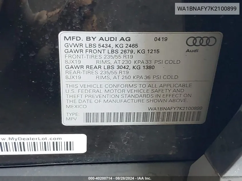 WA1BNAFY7K2100899 2019 Audi Q5 45 Premium