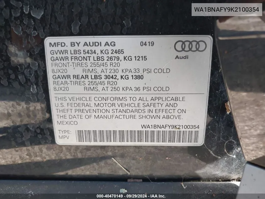 WA1BNAFY9K2100354 2019 Audi Q5 Premium Plus