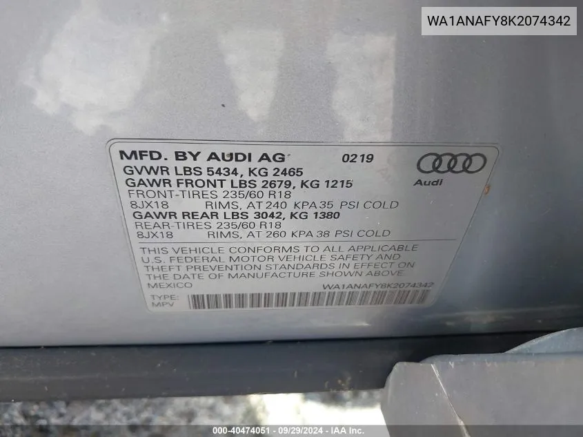 WA1ANAFY8K2074342 2019 Audi Q5 Premium