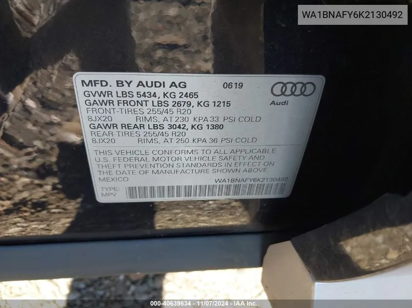 2019 Audi Q5 45 Premium VIN: WA1BNAFY6K2130492 Lot: 40639634