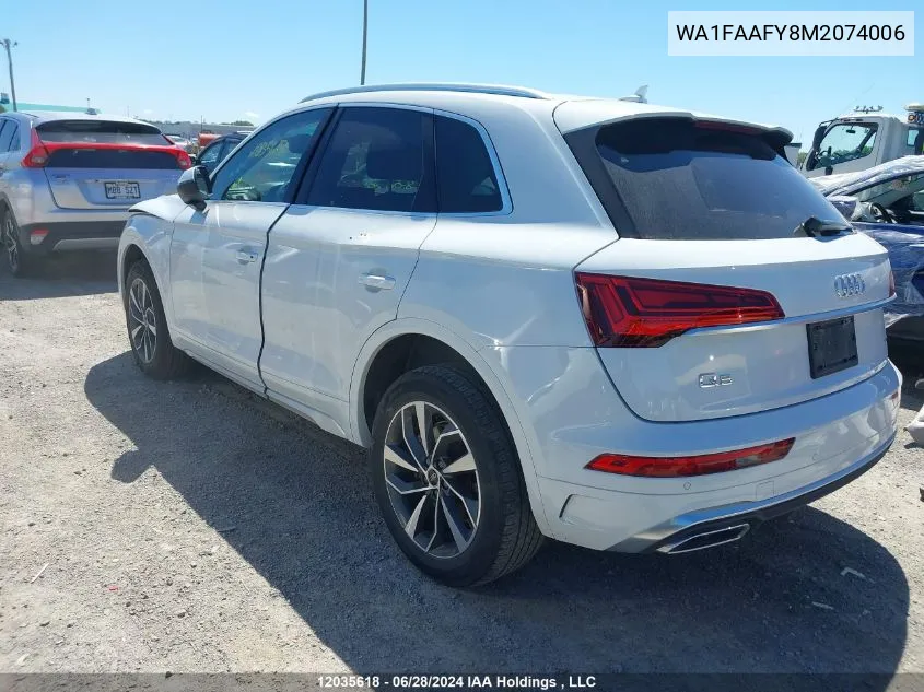 2021 Audi Q5 VIN: WA1FAAFY8M2074006 Lot: 12035618