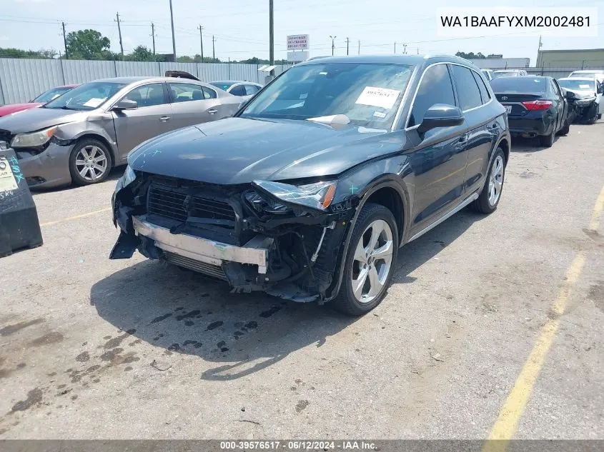 2021 Audi Q5 Premium Plus 45 Tfsi Quattro S Tronic VIN: WA1BAAFYXM2002481 Lot: 39576517