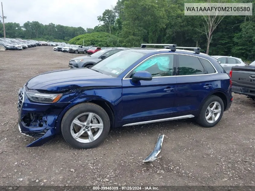 2021 Audi Q5 Premium 45 Tfsi Quattro S Tronic VIN: WA1AAAFY0M2108580 Lot: 39945309