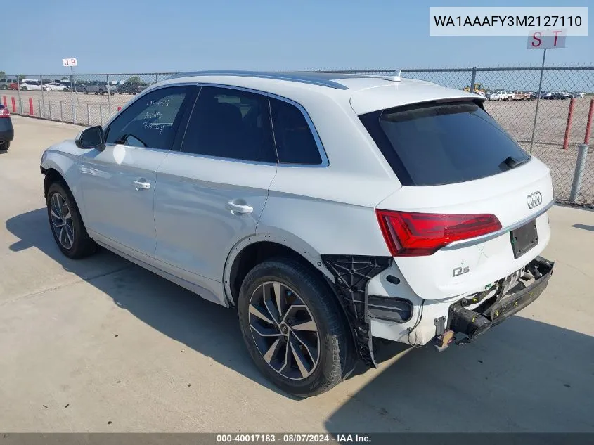 2021 Audi Q5 Premium 45 Tfsi Quattro S Tronic VIN: WA1AAAFY3M2127110 Lot: 40017183