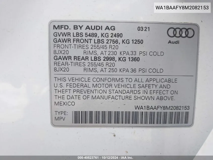 2021 Audi Q5 Premium Plus 45 Tfsi Quattro S Tronic VIN: WA1BAAFY8M2082153 Lot: 40523761