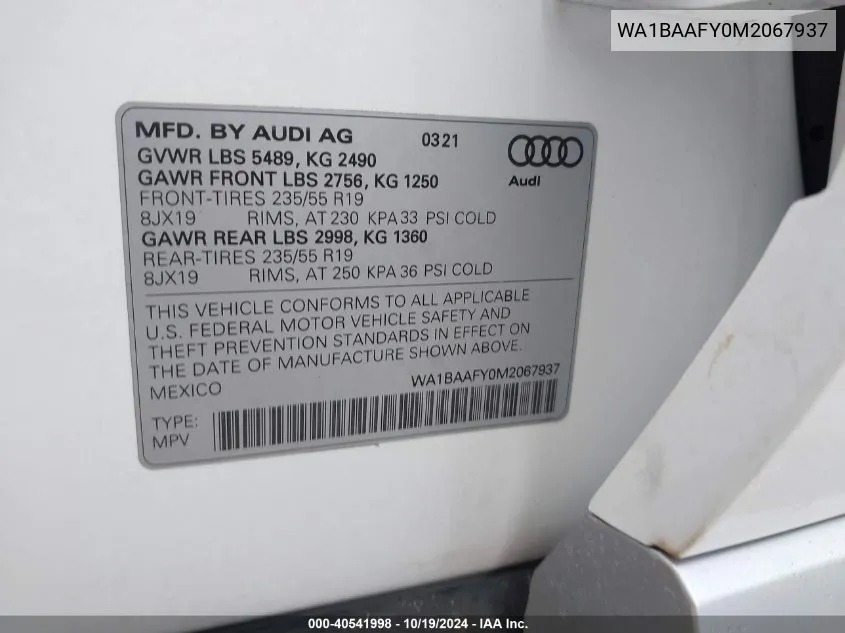 2021 Audi Q5 Premium Plus 45 Tfsi Quattro S Tronic VIN: WA1BAAFY0M2067937 Lot: 40541998