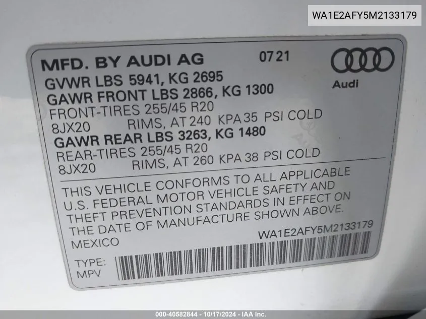 2021 Audi Q5 Premium Plus 55 Tfsi E Quattro S Tronic VIN: WA1E2AFY5M2133179 Lot: 40582844