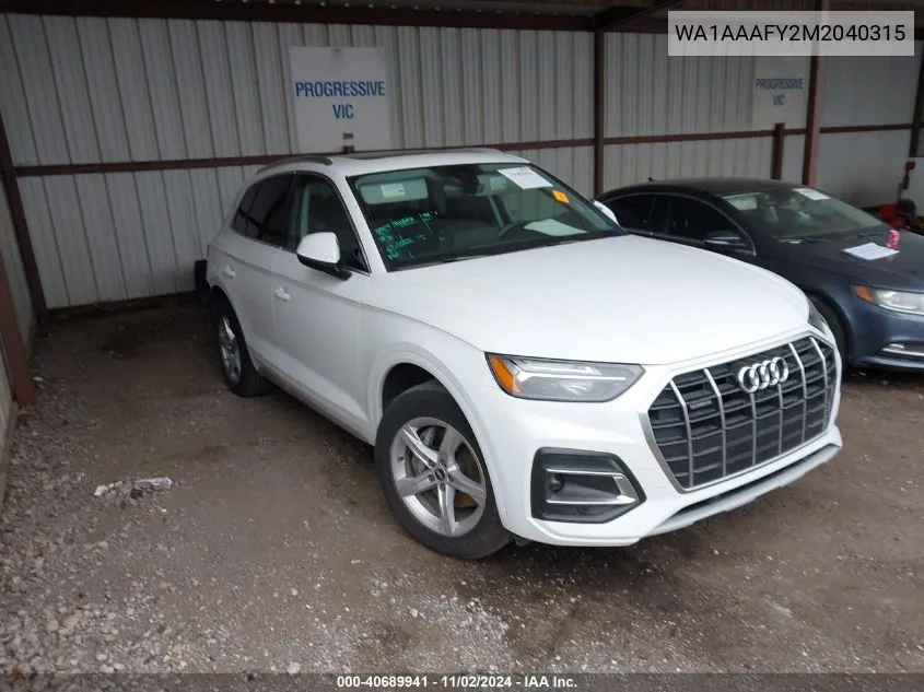 2021 Audi Q5 Premium 45 Tfsi Quattro S Tronic VIN: WA1AAAFY2M2040315 Lot: 40689941