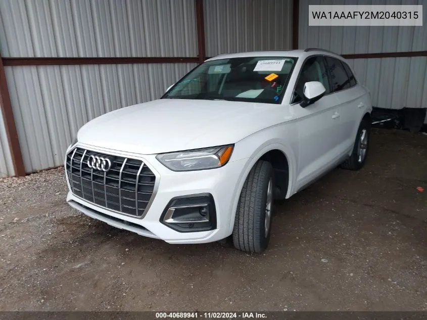 2021 Audi Q5 Premium 45 Tfsi Quattro S Tronic VIN: WA1AAAFY2M2040315 Lot: 40689941