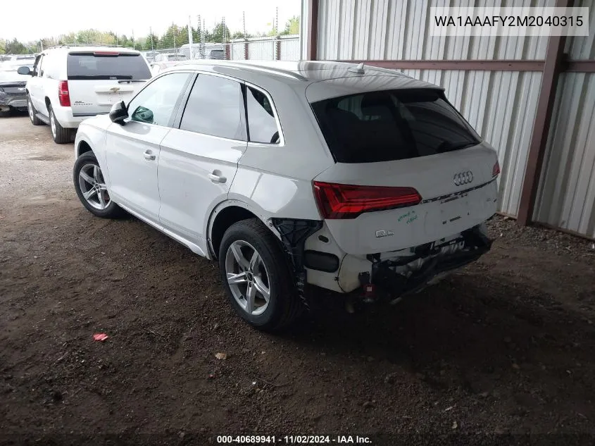 2021 Audi Q5 Premium 45 Tfsi Quattro S Tronic VIN: WA1AAAFY2M2040315 Lot: 40689941