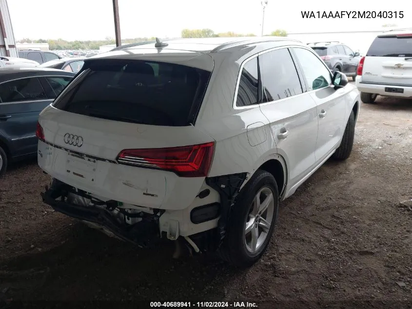 2021 Audi Q5 Premium 45 Tfsi Quattro S Tronic VIN: WA1AAAFY2M2040315 Lot: 40689941